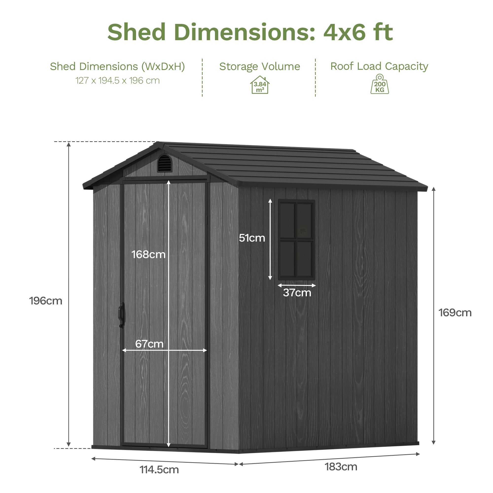 Patiowell 4x6 Plastic Storage Shed with Floor & Window, Dark Grey