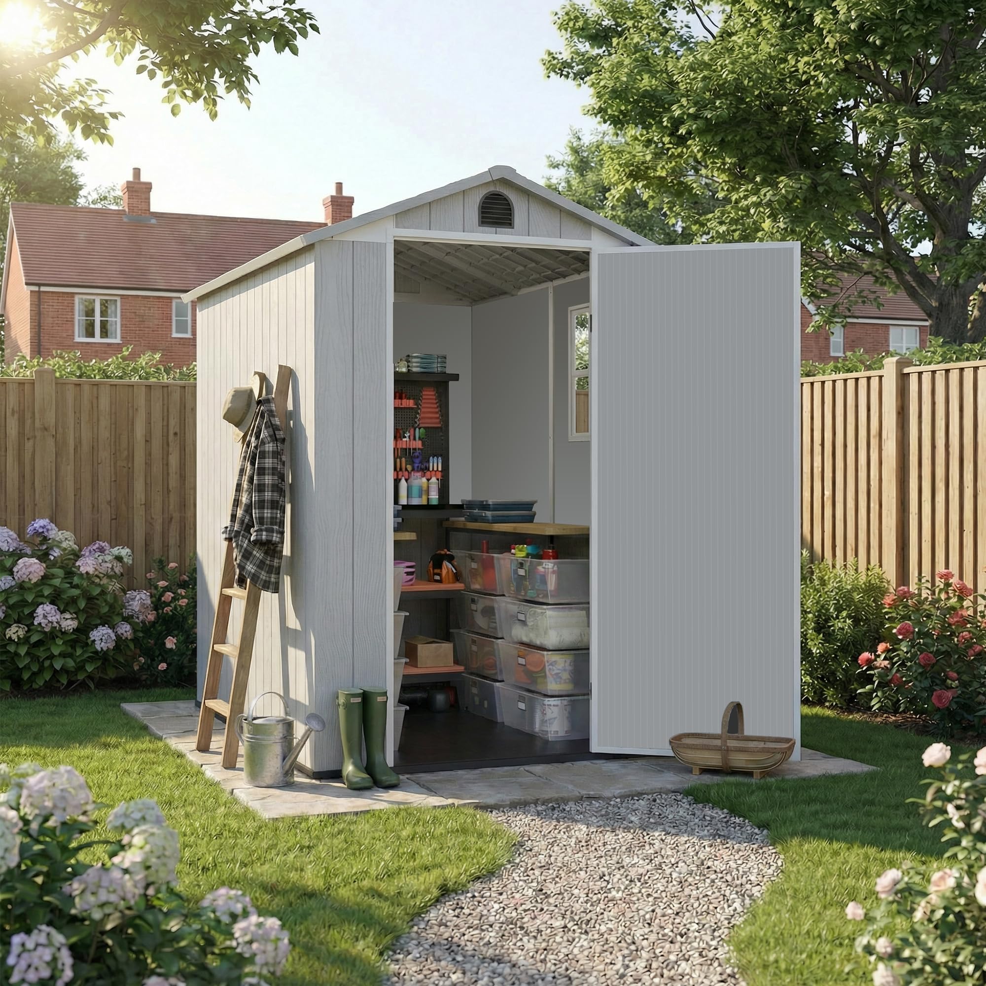 Patiowell 4x6 Plastic Storage Shed with Floor & Window, Light Grey