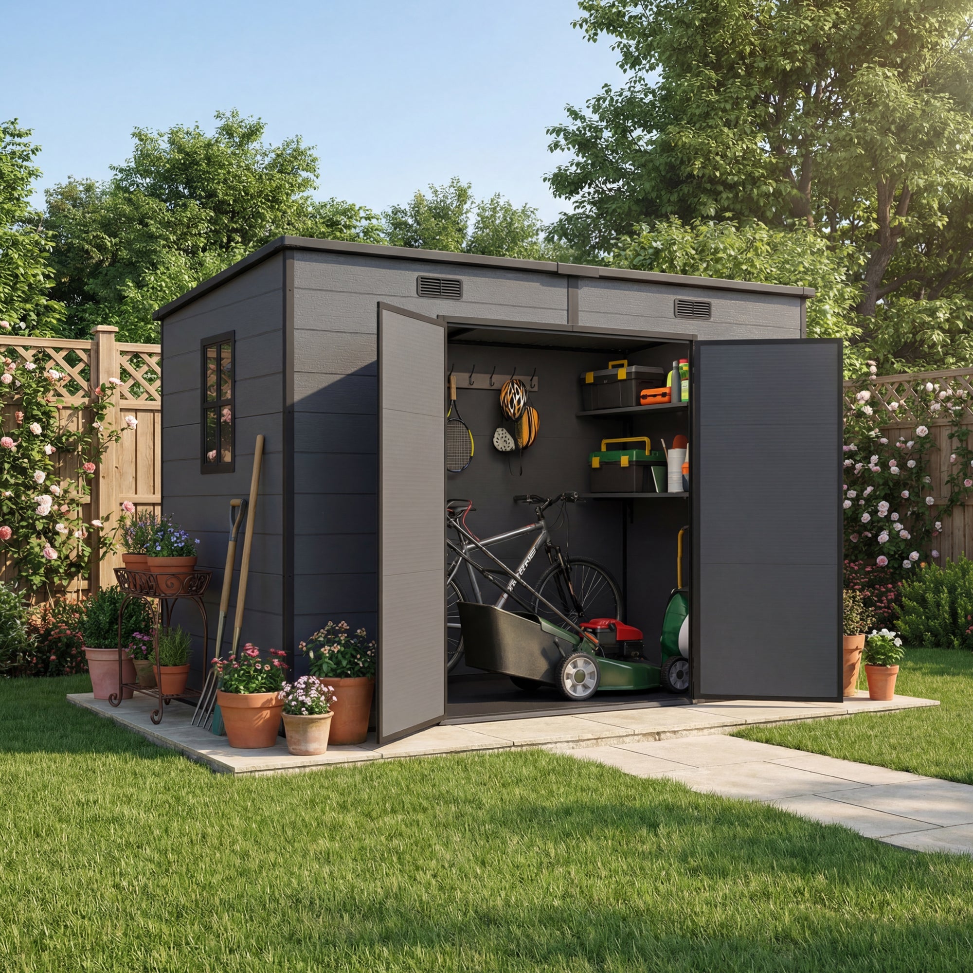 Patiowell 8x4 ft Plastic Storage Garden Shed with Floor & Pent Roof, Dark Grey