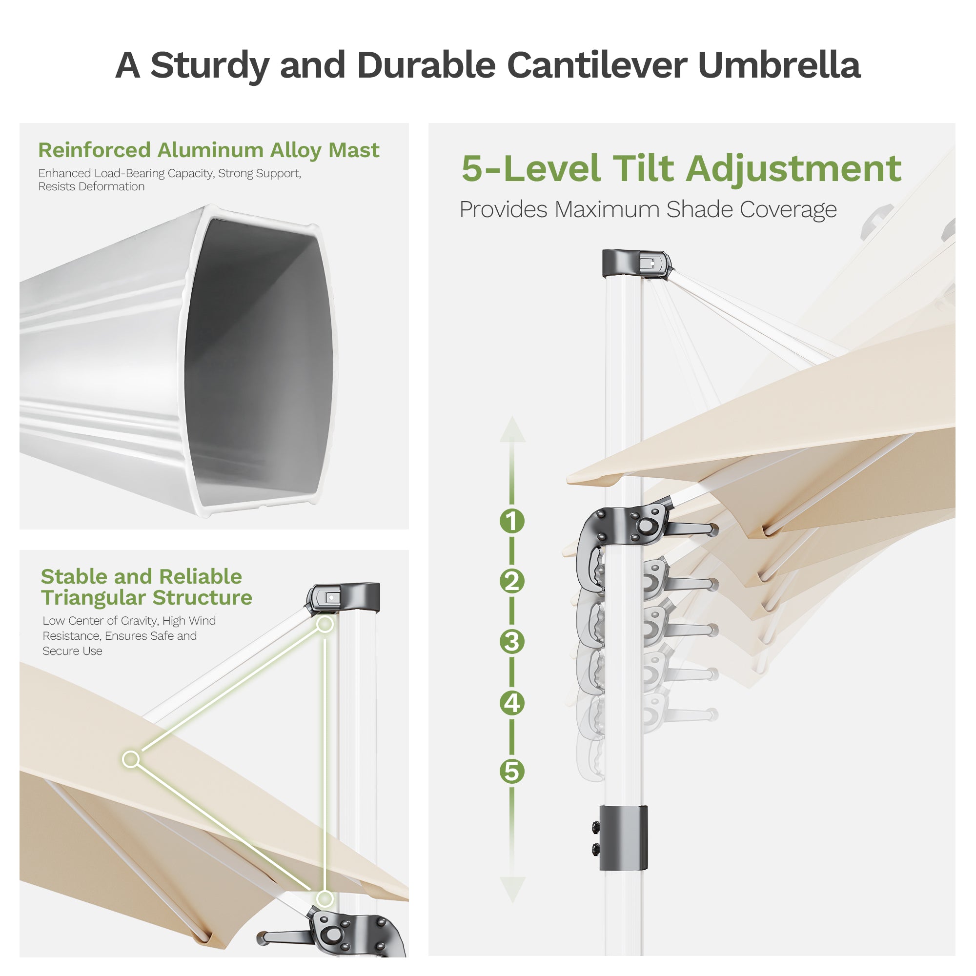 Patiowell 3x3m Cantilever Umbrella with Cover, Tilt & Crank, Beige