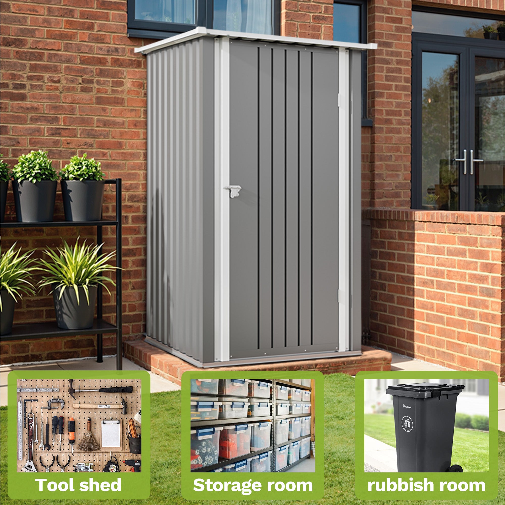 Patiowell 3x3 ft Metal Garden Storage Shed with Slop Roof, Grey White