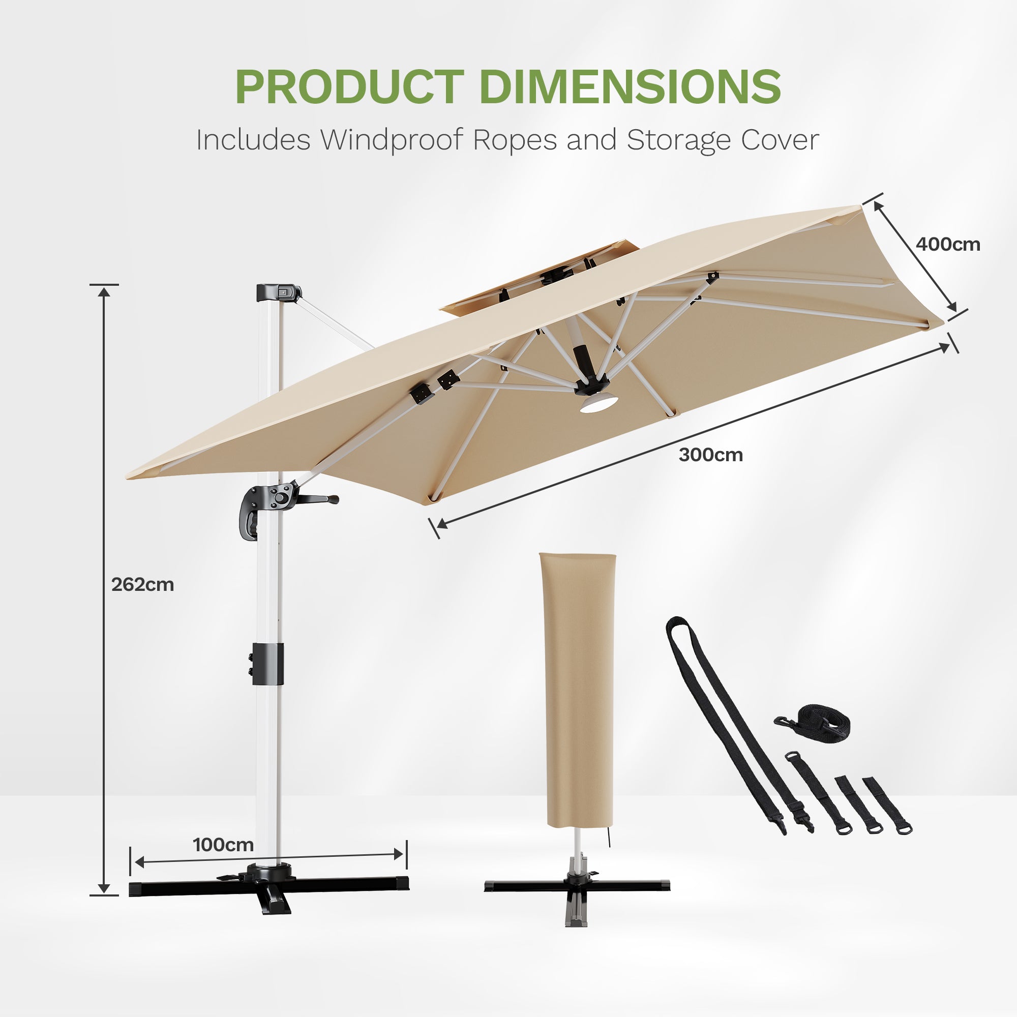 Patiowell 4x3m Cantilever Umbrella with Cover, Crank & Tilt, Beige