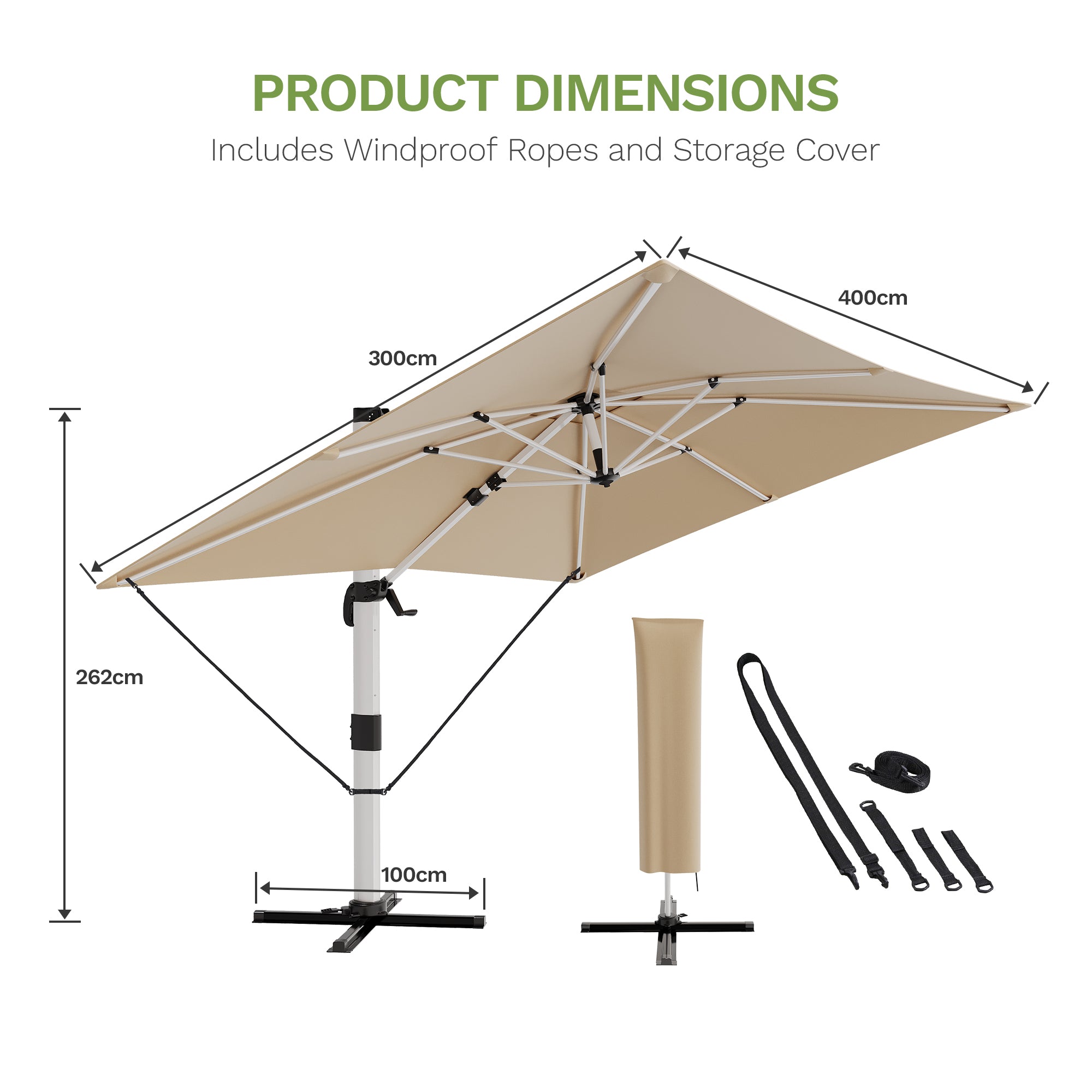 Patiowell 4x3m Cantilever Umbrella with Cover, Tilt & Crank, Beige