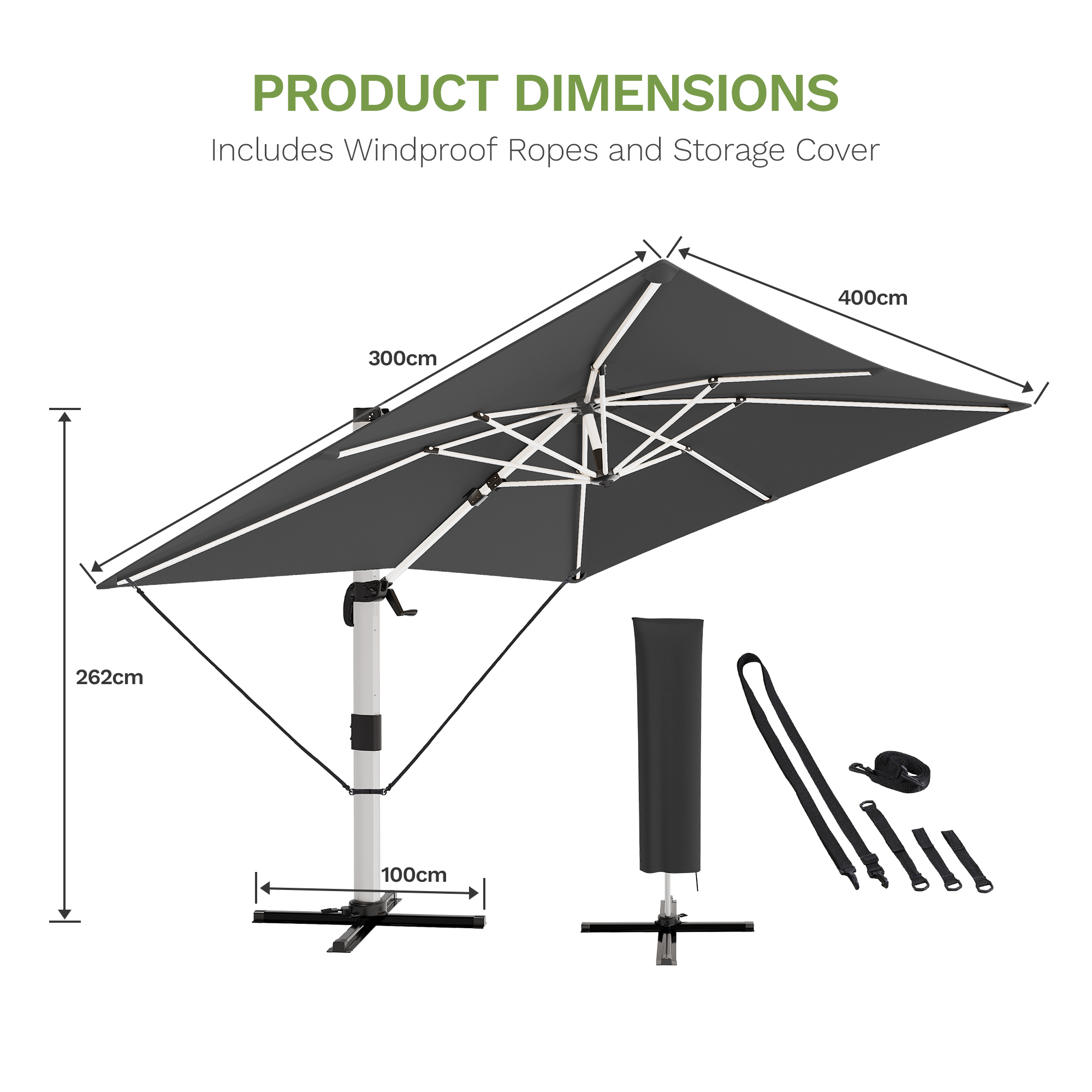 Patiowell 4x3m Cantilever Umbrella with Cover, Tilt & Crank, Dark Grey