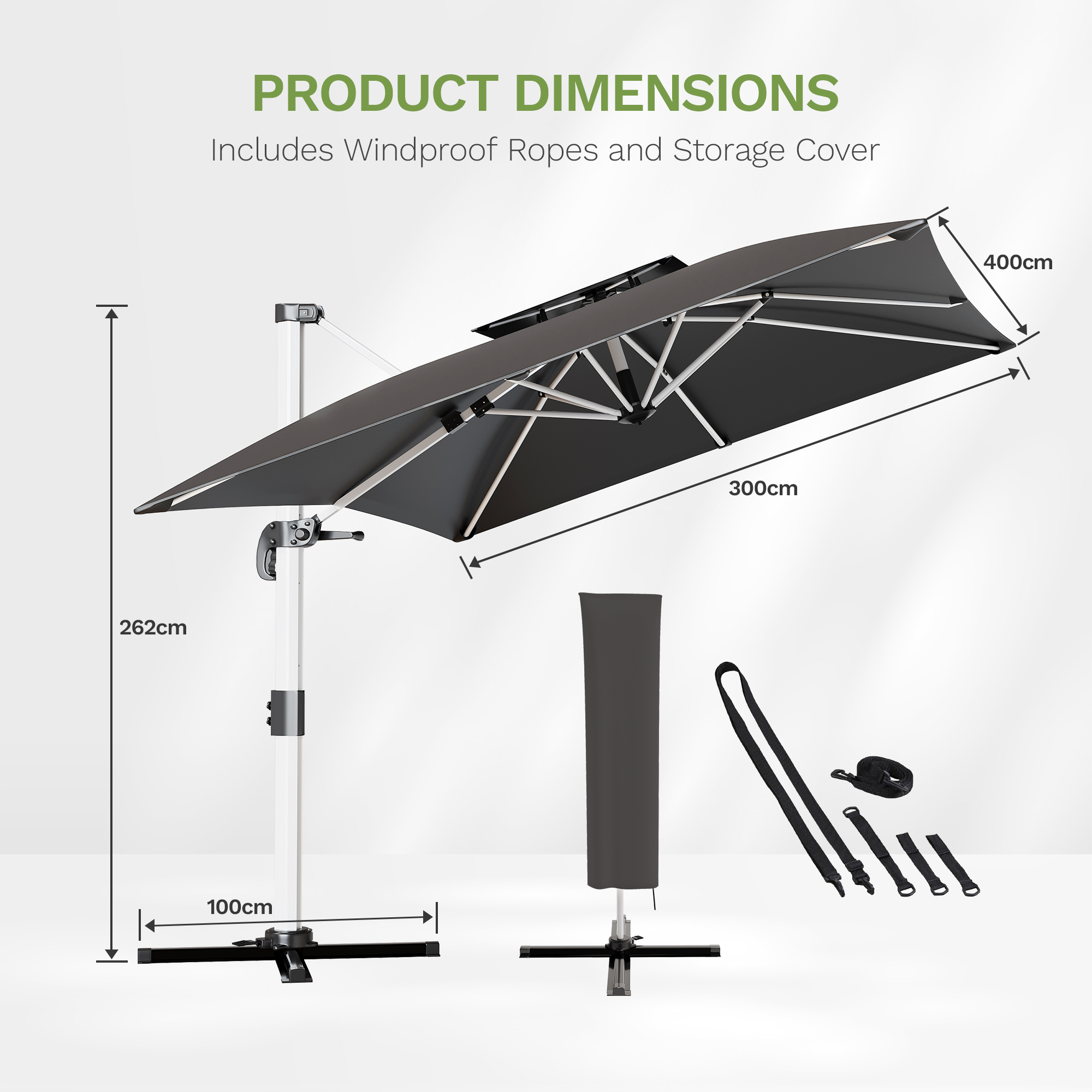 Patiowell 4x3m Cantilever Umbrella with Double-Top & Cover, Dark Grey