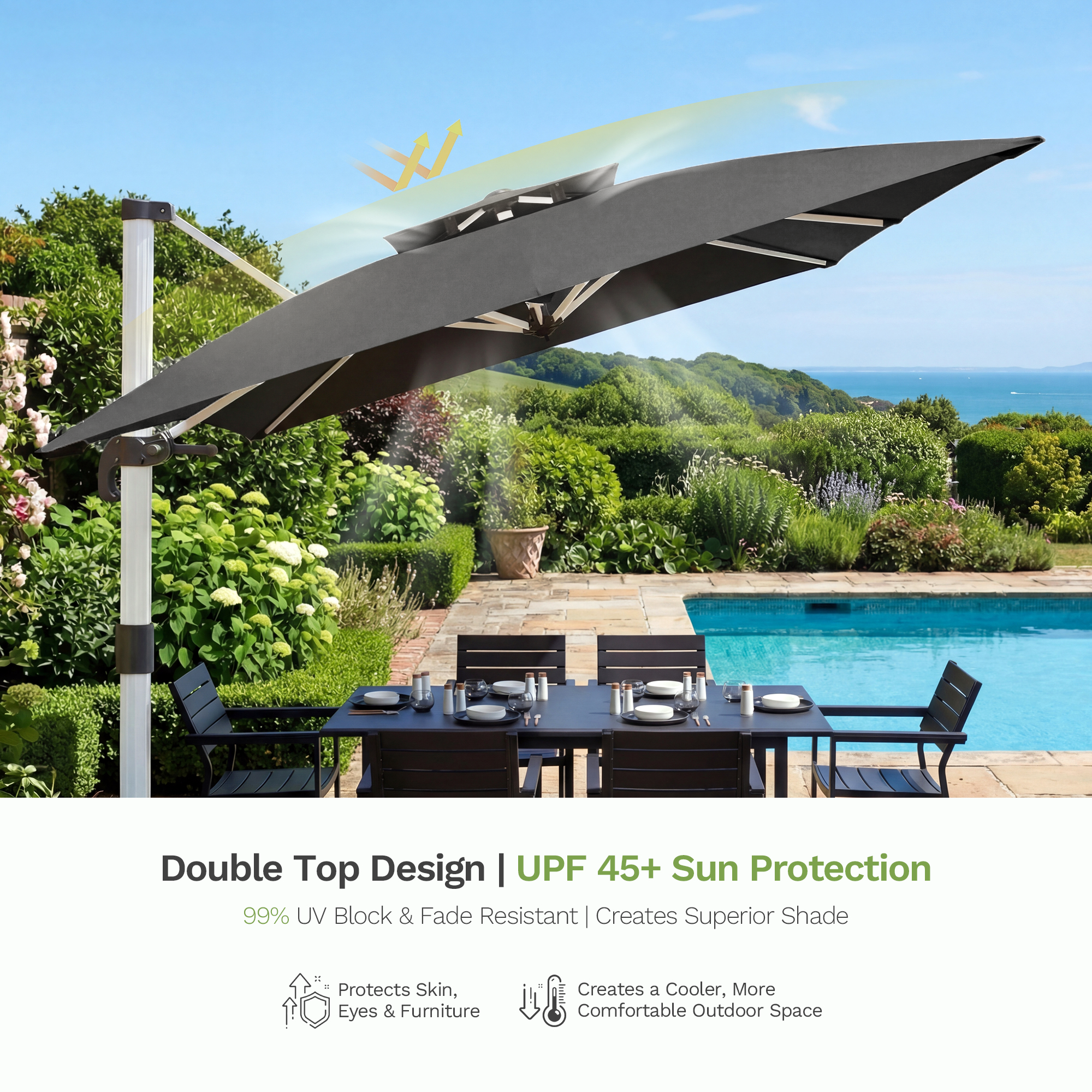 Patiowell 4x3m Cantilever Umbrella with Double-Top & Cover, Dark Grey