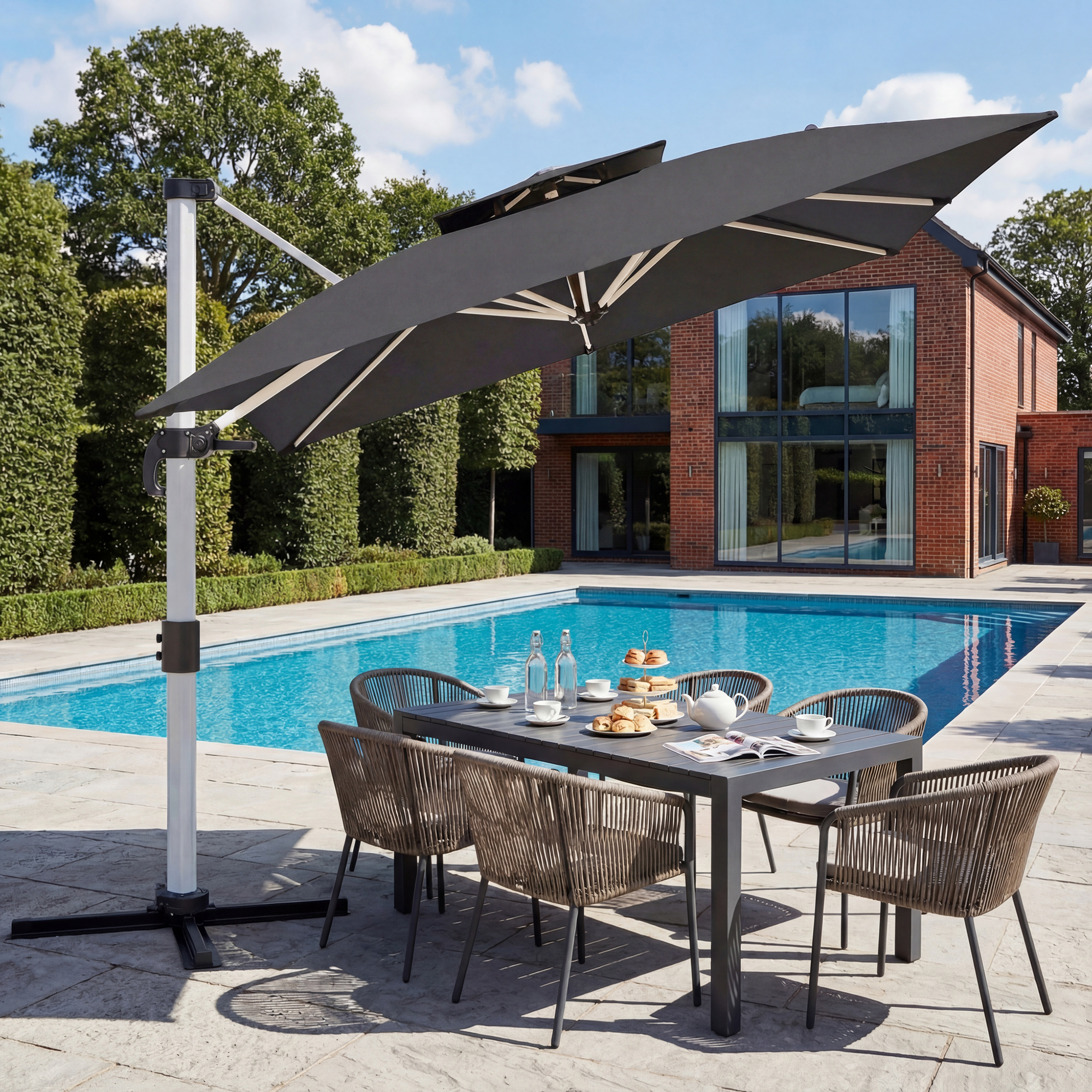Patiowell 4x3m Cantilever Umbrella with Double-Top & Cover, Dark Grey