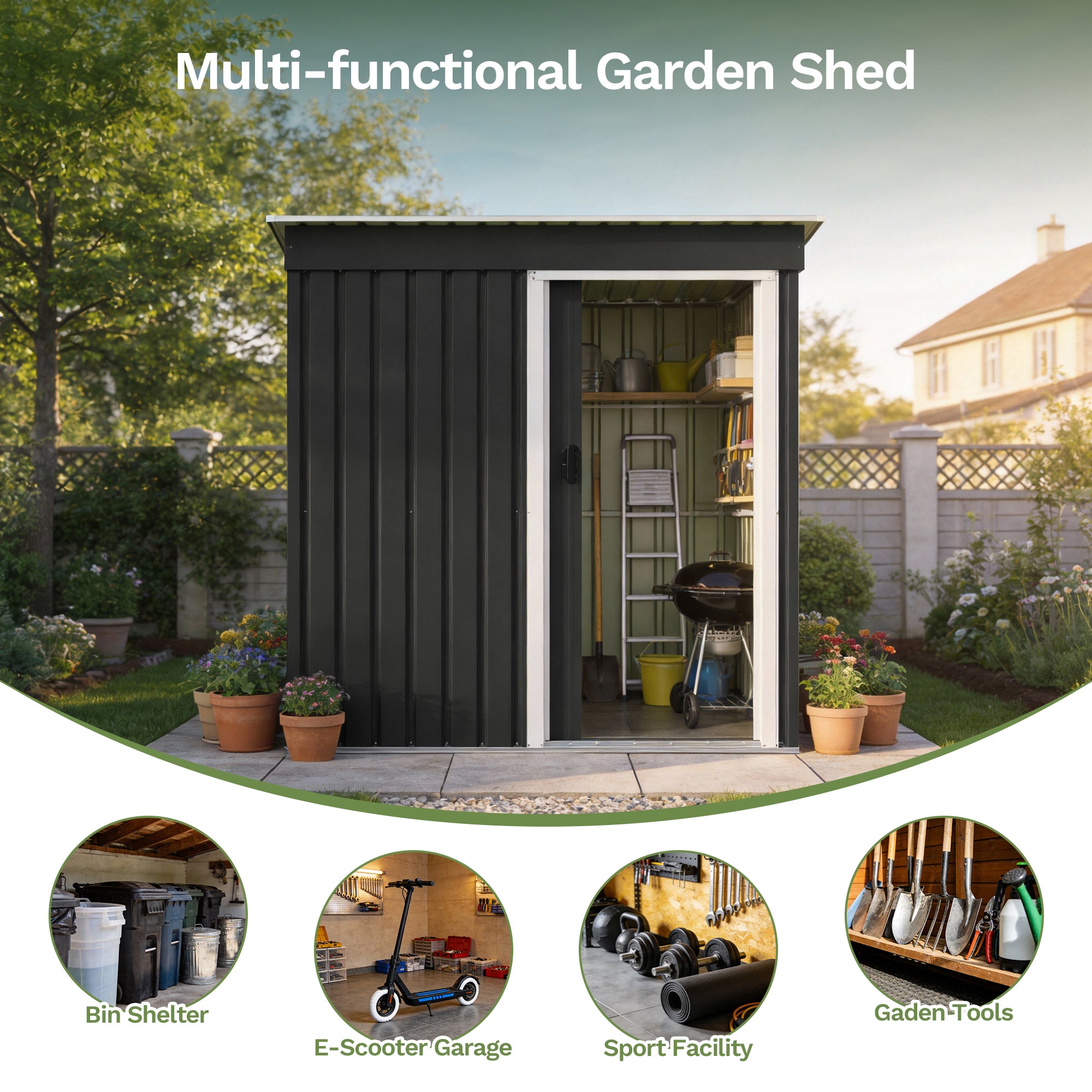 Patiowell 5x3 ft Metal Garden Shed with Single Sliding Door & Slop Roof, Black
