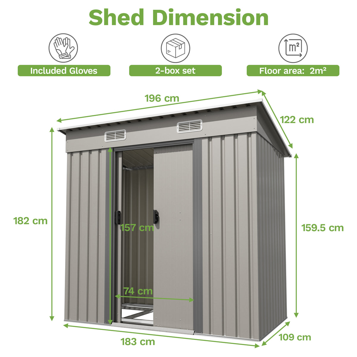 Patiowell 6x3.6 ft Metal Garden Shed with Double Sliding Door & Slop Roof, Grey