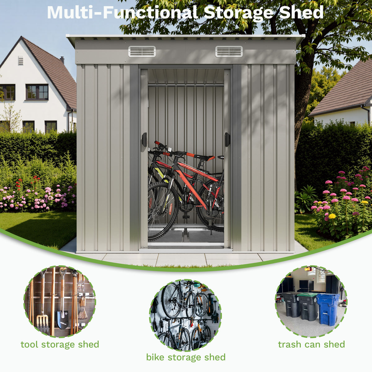 Patiowell 6x3.6 ft Metal Garden Shed with Double Sliding Door & Slop Roof, Grey