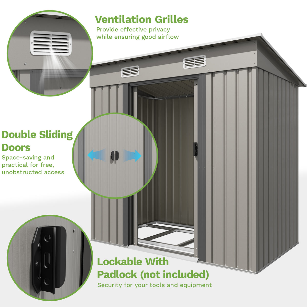 Patiowell 6x3.6 ft Metal Garden Shed with Double Sliding Door & Slop Roof, Grey