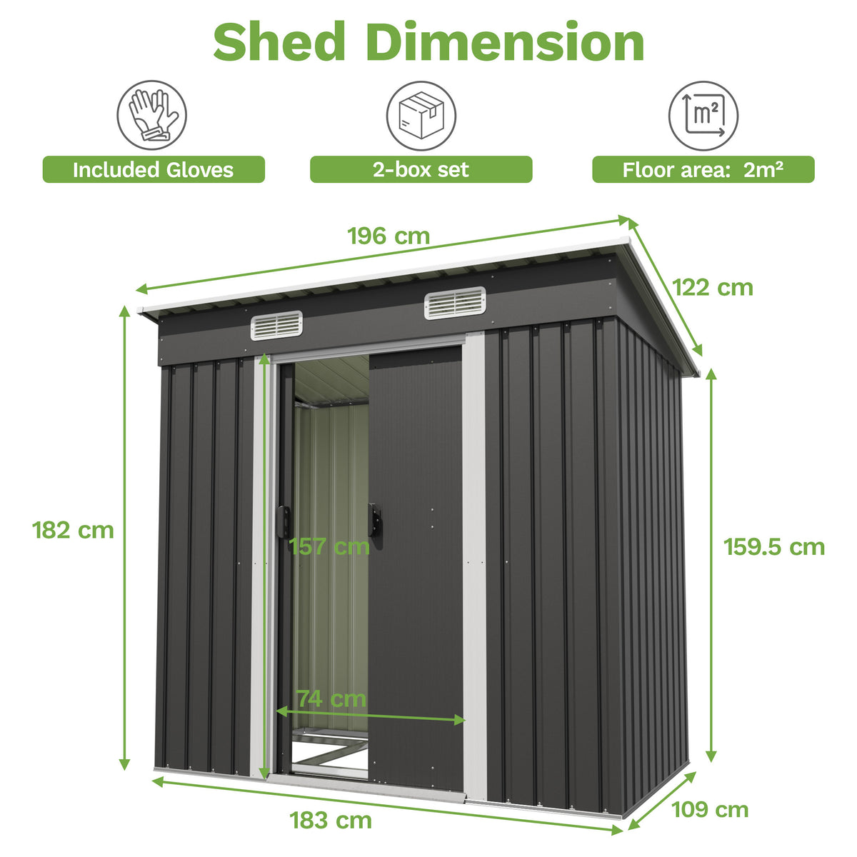 Patiowell 6x3.6 ft Metal Garden Shed with Double Sliding Door & Slop Roof, Black