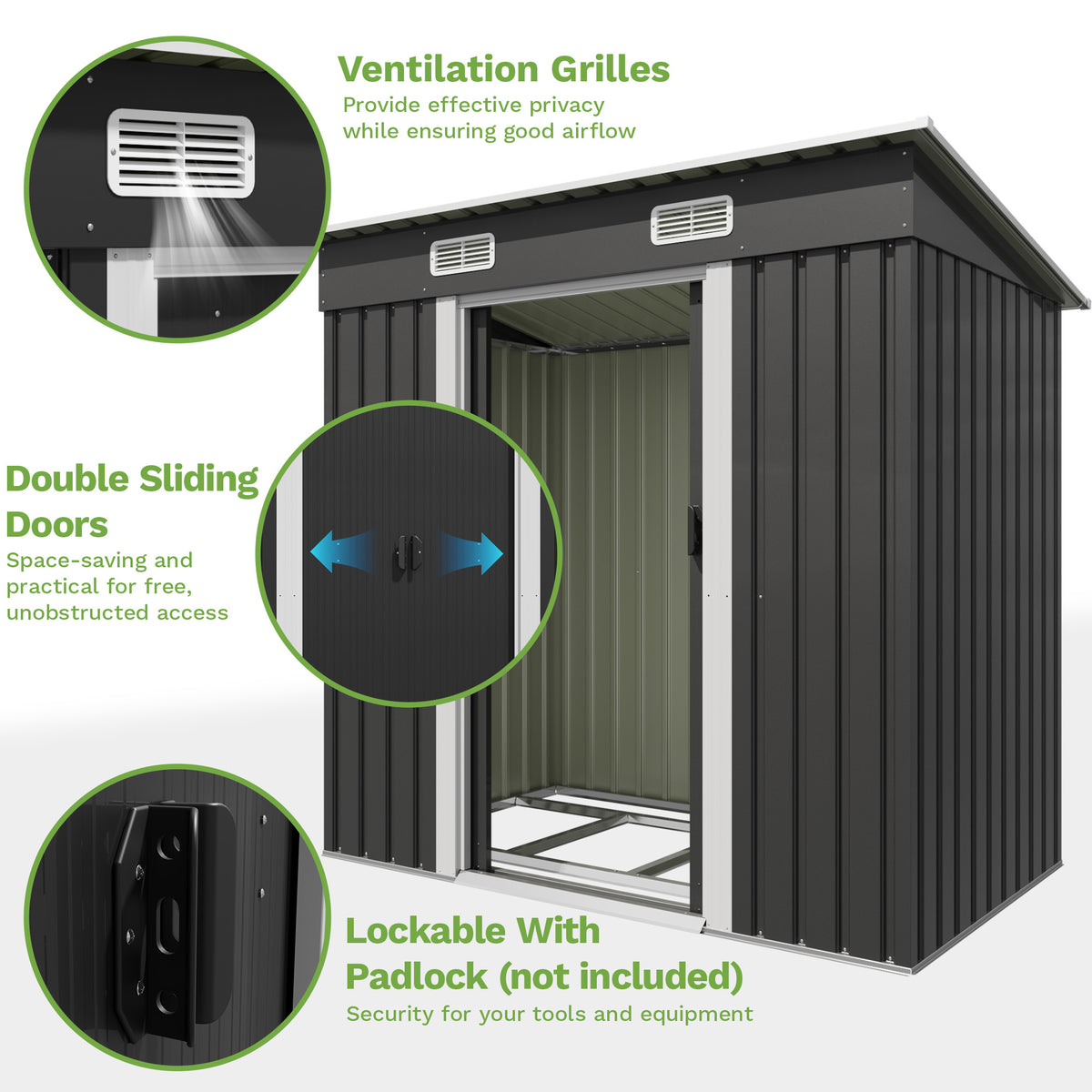 Patiowell 6x3.6 ft Metal Garden Shed with Double Sliding Door & Slop Roof, Black