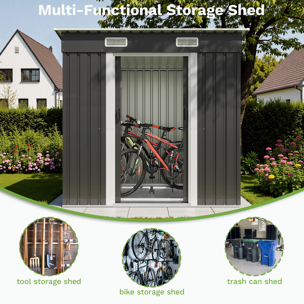 Patiowell 6x3.6 ft Metal Garden Shed with Double Sliding Door & Slop Roof, Black