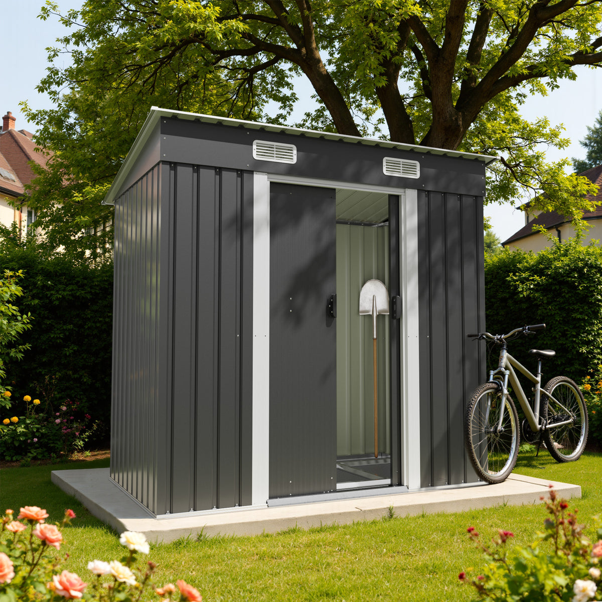 Patiowell 6x3.6 ft Metal Garden Shed with Double Sliding Door & Slop Roof, Black