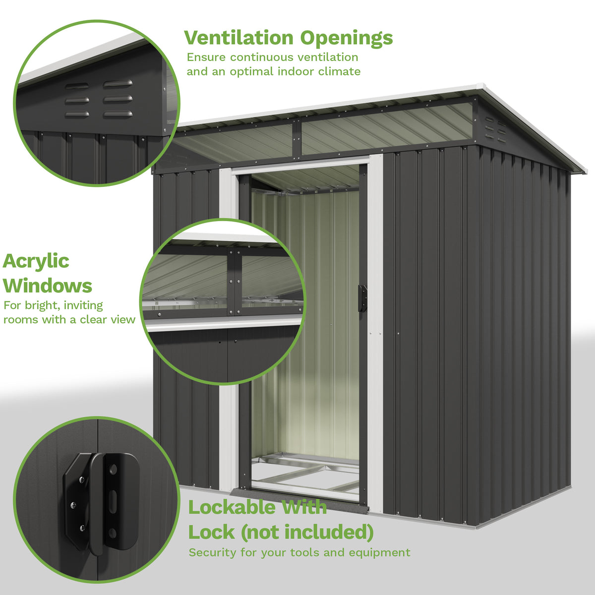 Patiowell 6x3.6 ft Metal Garden Shed with Foundation & Skylight Window, Black