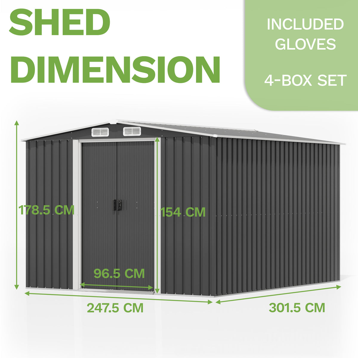 Patiowell 8x10 ft Metal Garden Shed with Double Sliding Doors, Black