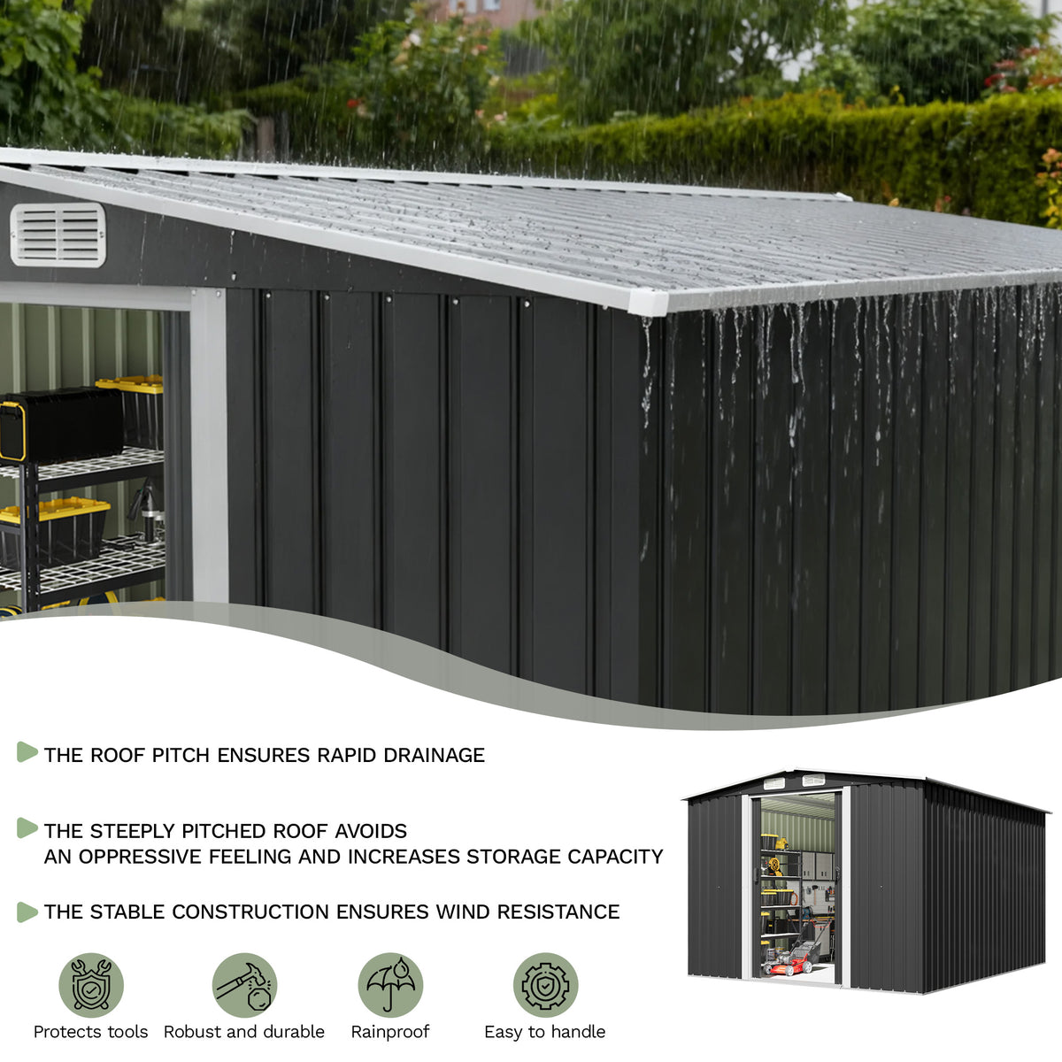 Patiowell 8x10 ft Metal Garden Shed with Double Sliding Doors, Black