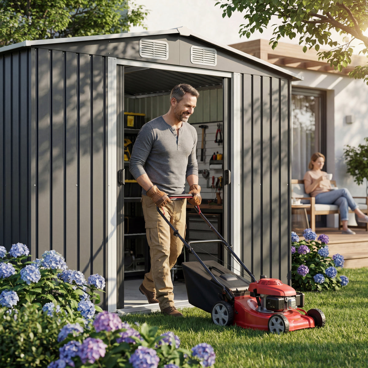 Patiowell 8x10 ft Metal Garden Shed with Double Sliding Doors, Black