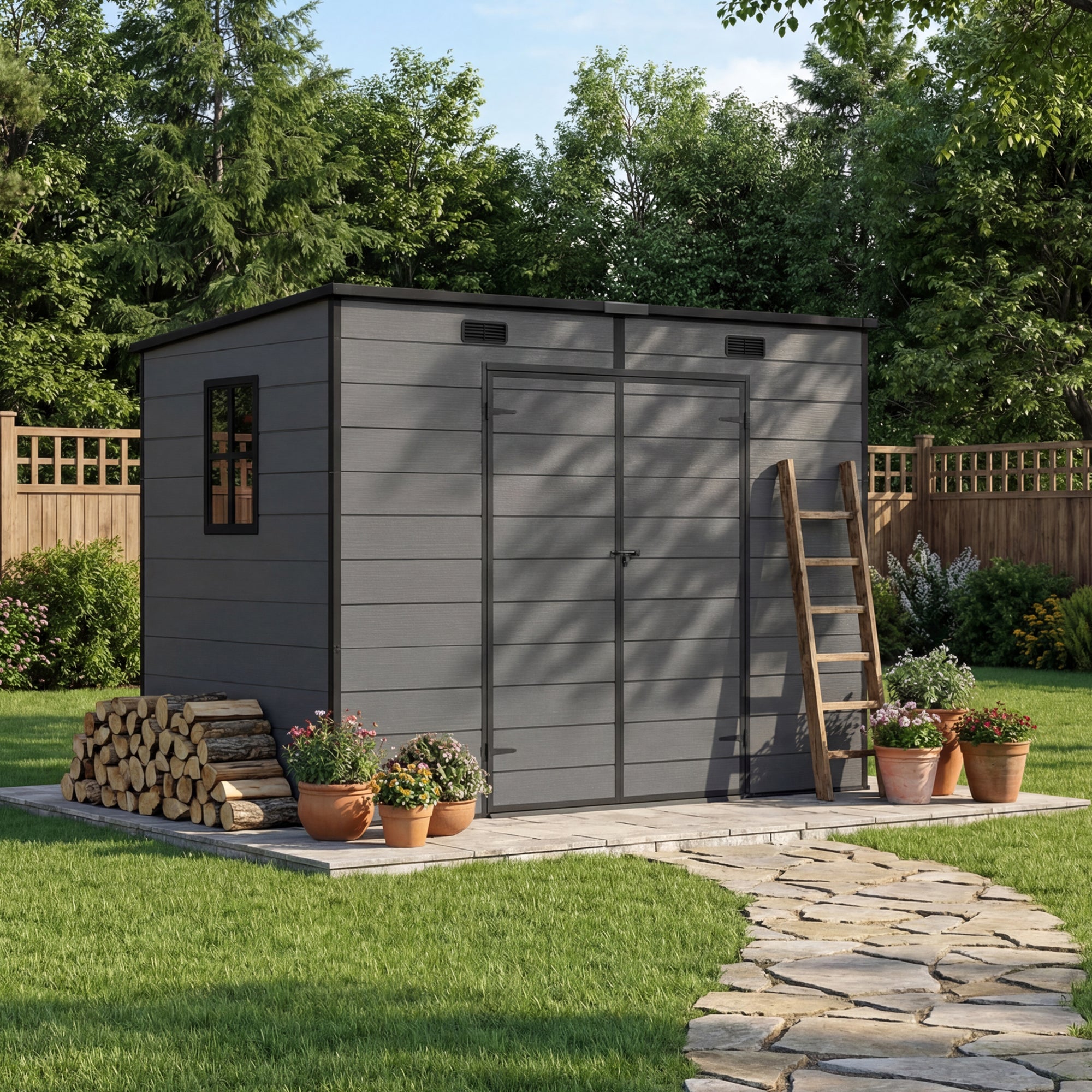 Patiowell 8x4 ft Plastic Storage Garden Shed with Floor & Pent Roof, Dark Grey