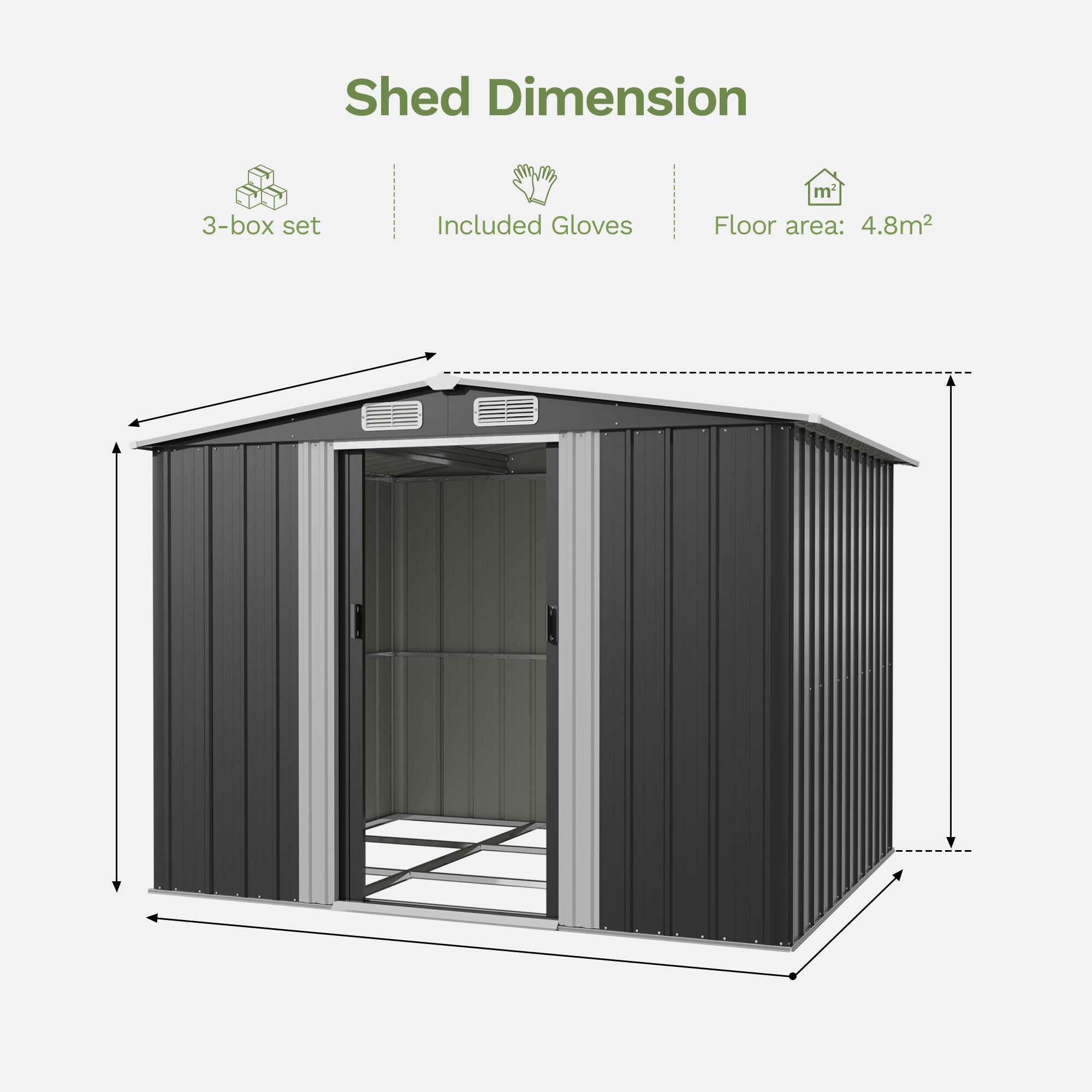 Patiowell 8x6ft Metal Garden Shed with Double Sliding Door & Foundation, Black