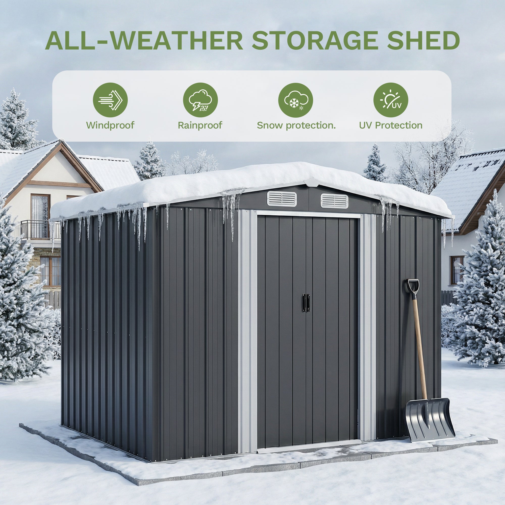 Patiowell 8x6ft Metal Garden Shed with Double Sliding Door & Foundation, Black