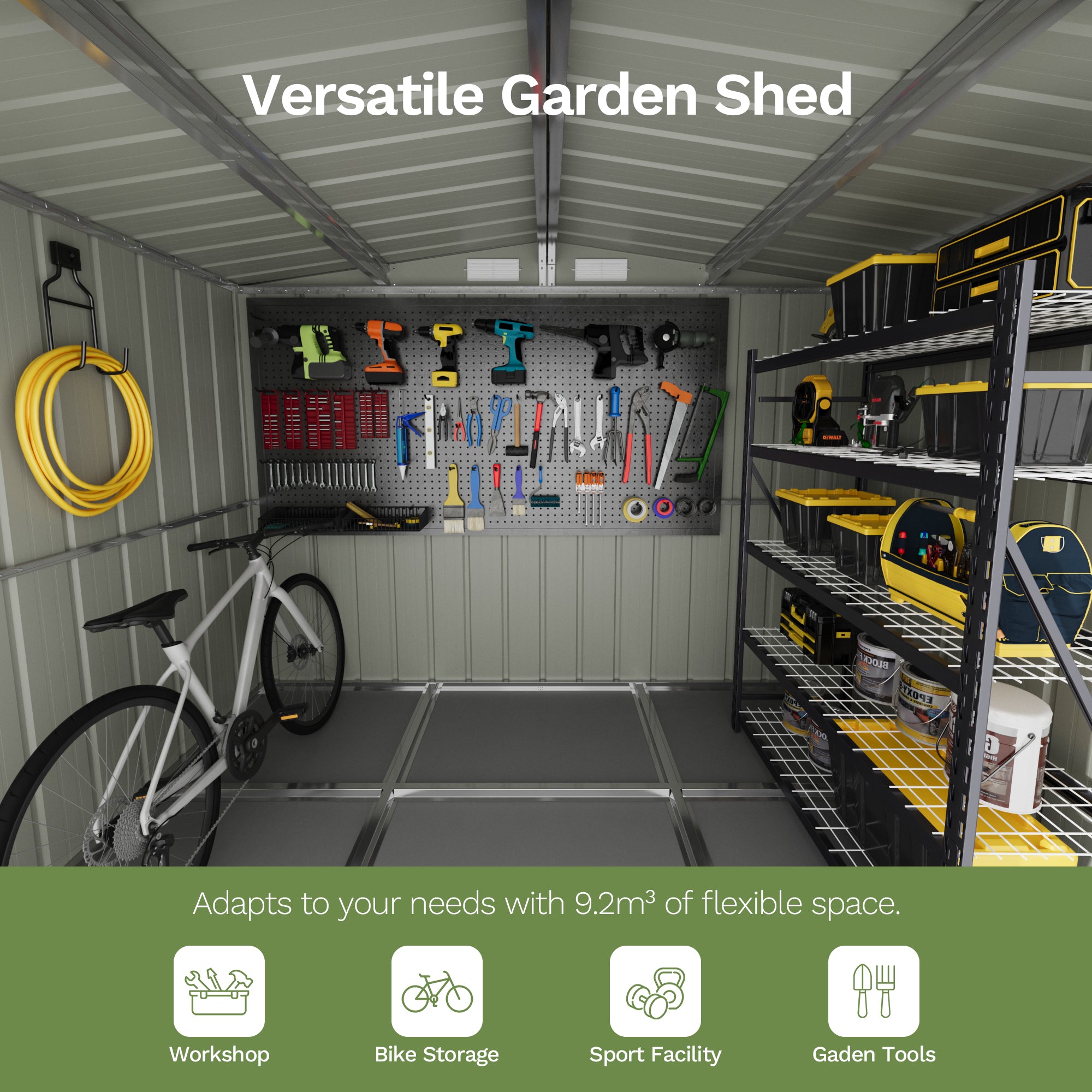 Patiowell 8x6ft Metal Garden Shed with Double Sliding Door & Foundation, Black