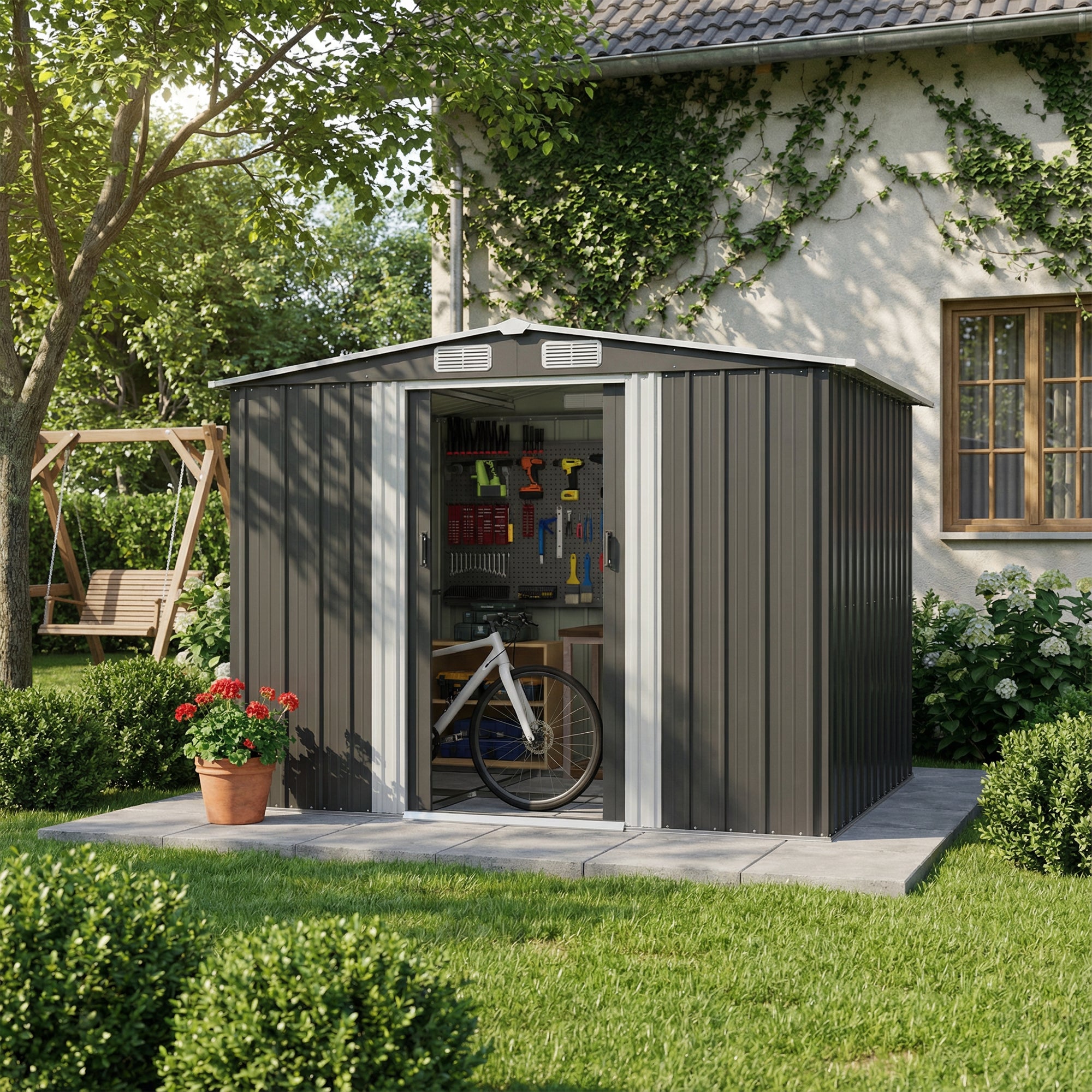 Patiowell 8x6ft Metal Garden Shed with Double Sliding Door & Foundation, Black