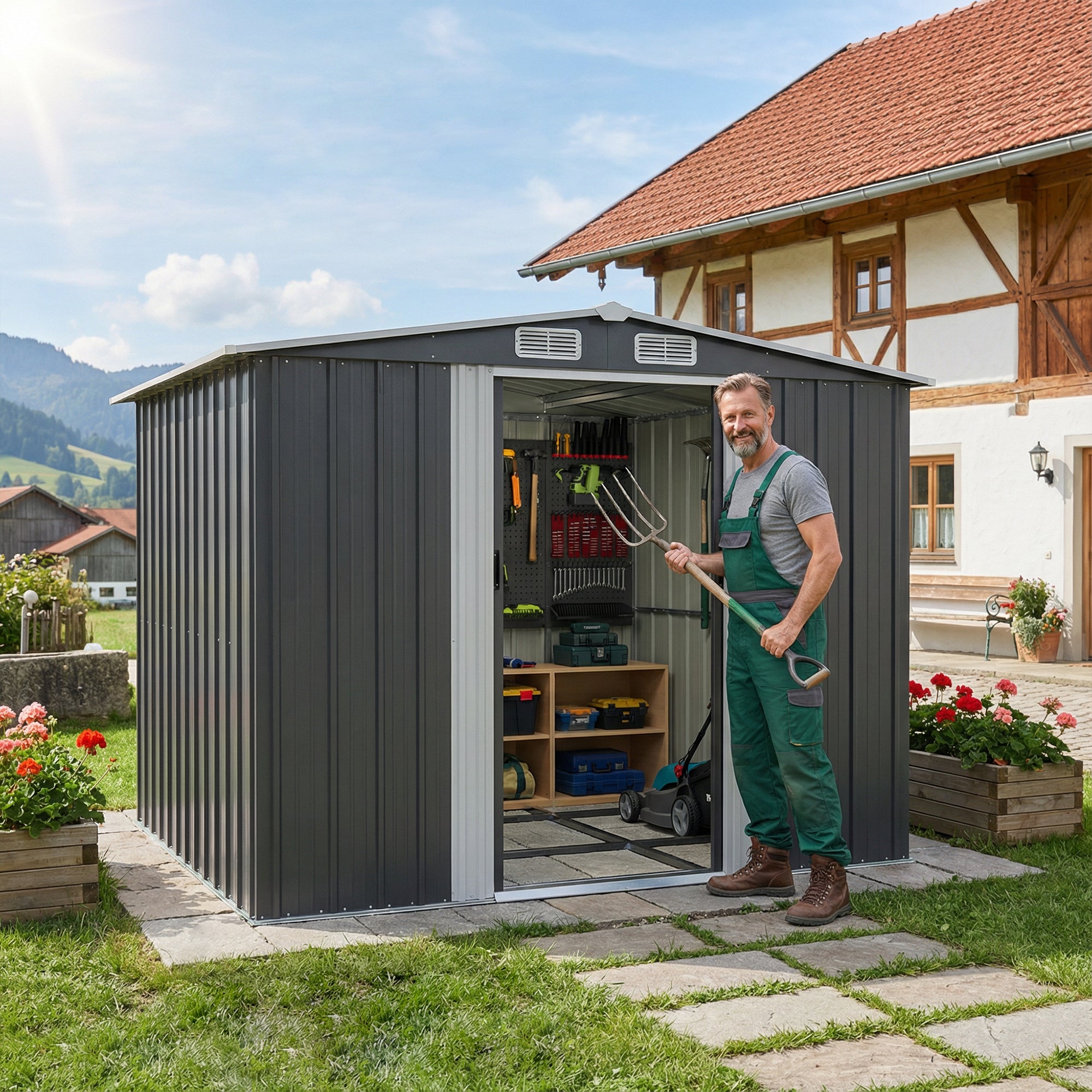 Patiowell 8x6ft Metal Garden Shed with Double Sliding Door & Foundation, Black