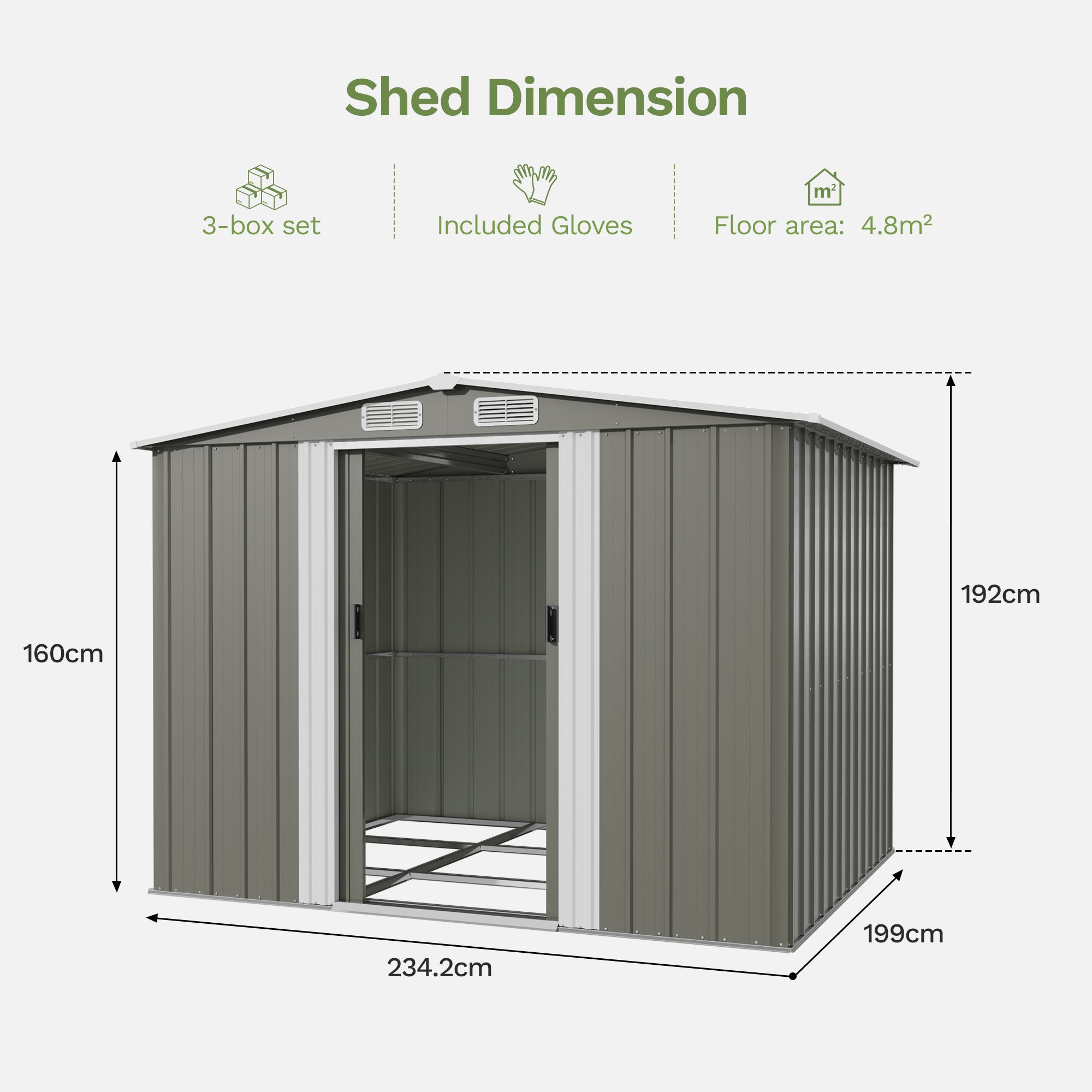 Patiowell 8x6ft Metal Garden Shed with Double Sliding Door & Foundation, Grey