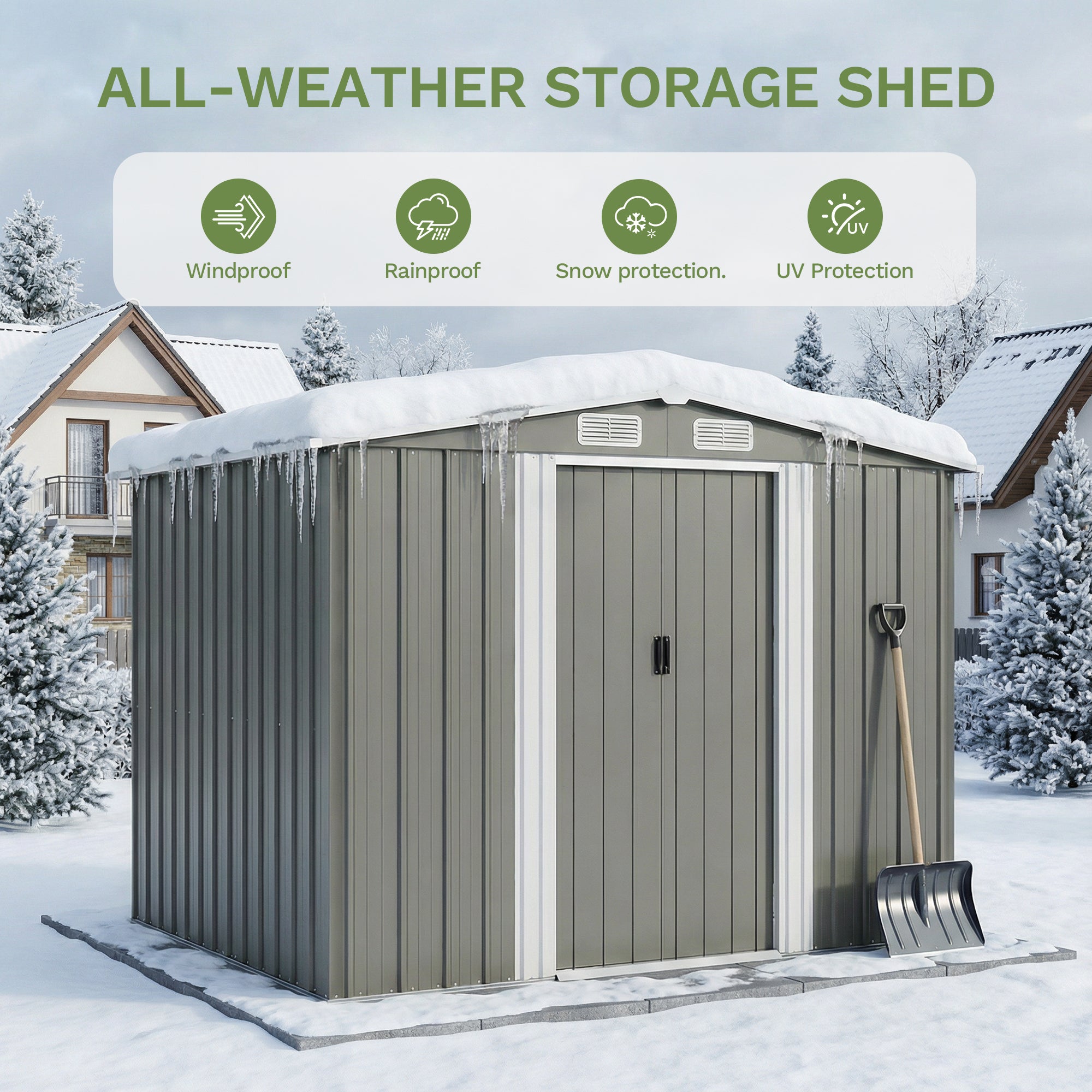 Patiowell 8x6ft Metal Garden Shed with Double Sliding Door & Foundation, Grey