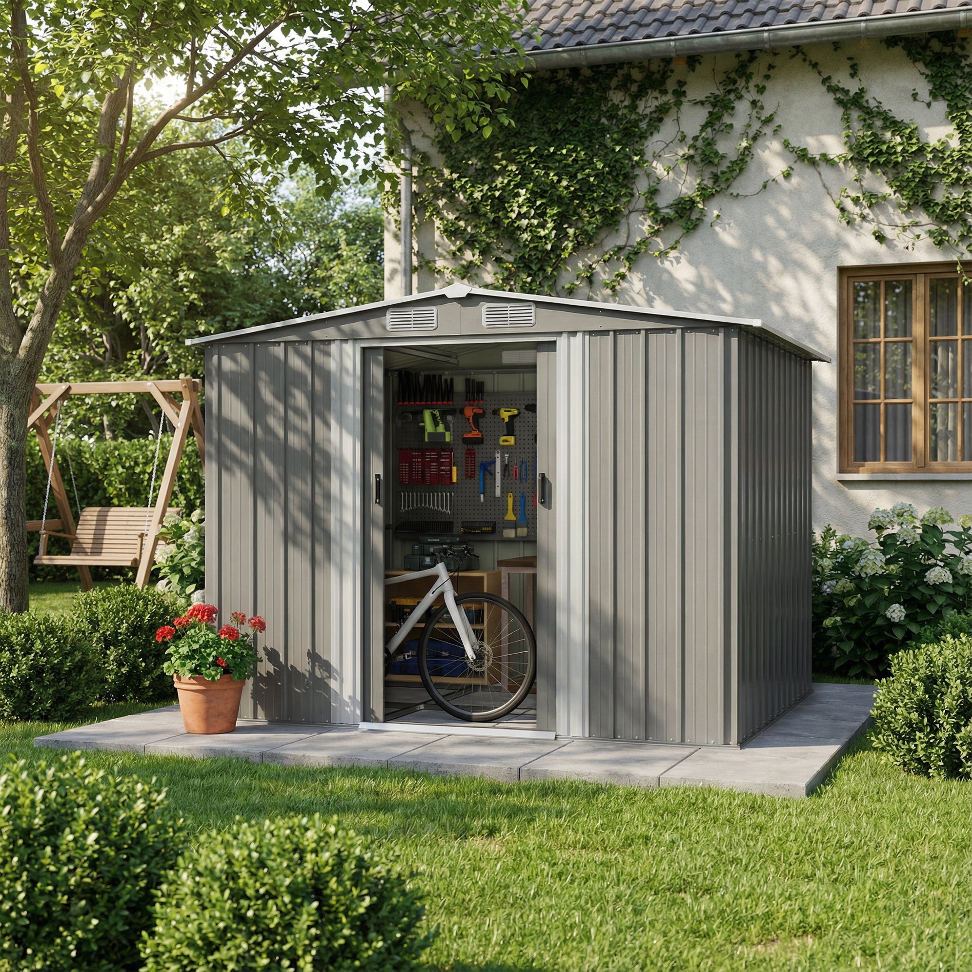Patiowell 8x6ft Metal Garden Shed with Double Sliding Door & Foundation, Grey