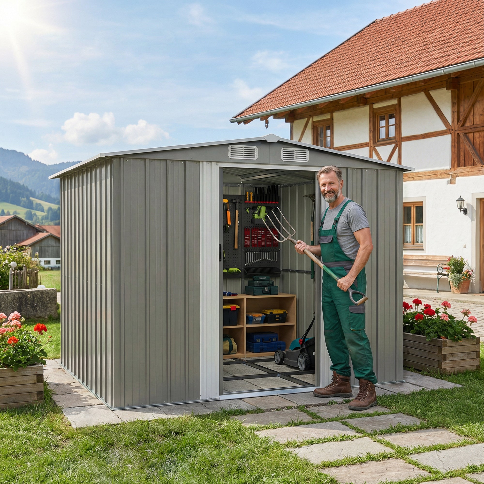 Patiowell 8x6ft Metal Garden Shed with Double Sliding Door & Foundation, Grey