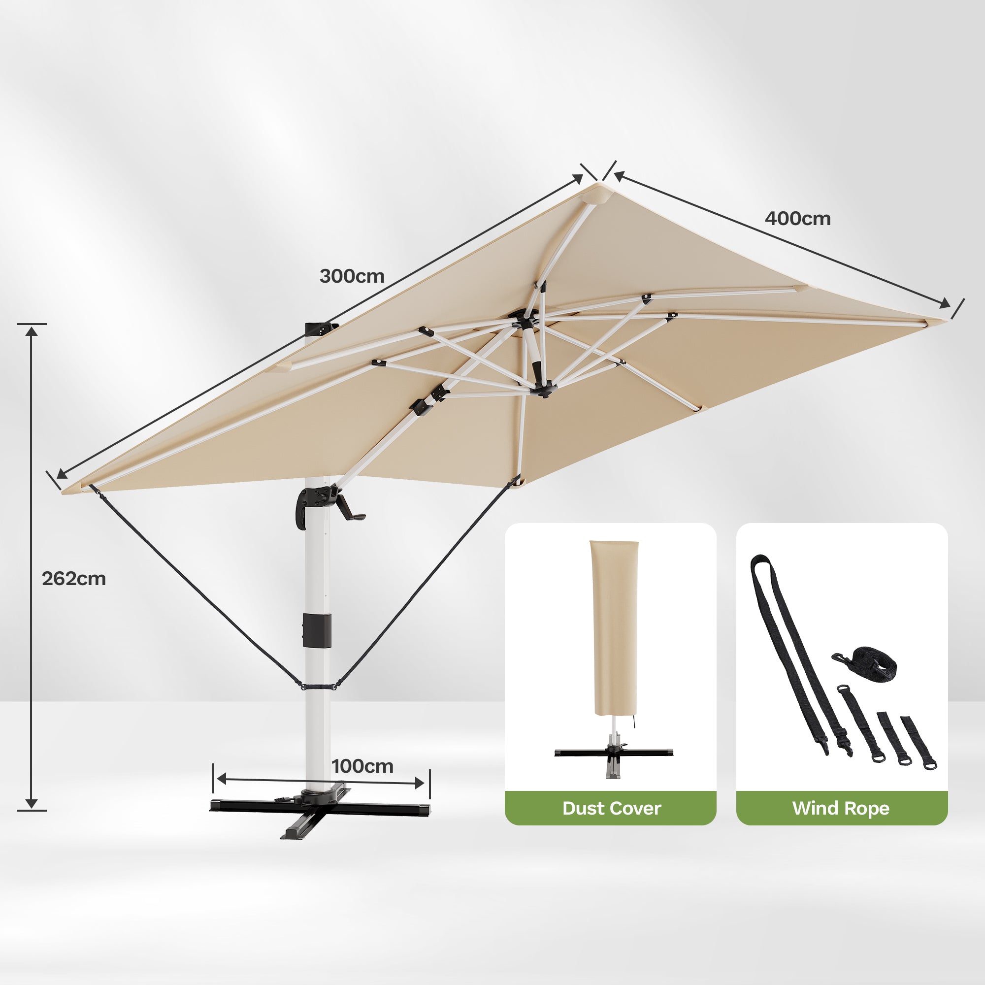 Patiowell 3x3m Cantilever Umbrella with Cover, Tilt & Crank, Beige