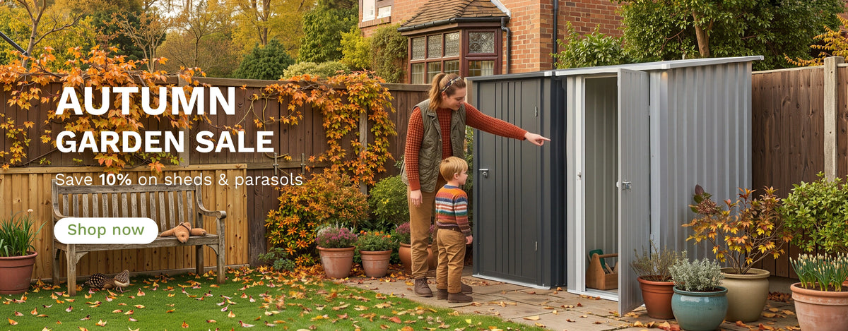  AUTUMN GARDEN SALE - Save 10% on sheds & parasols