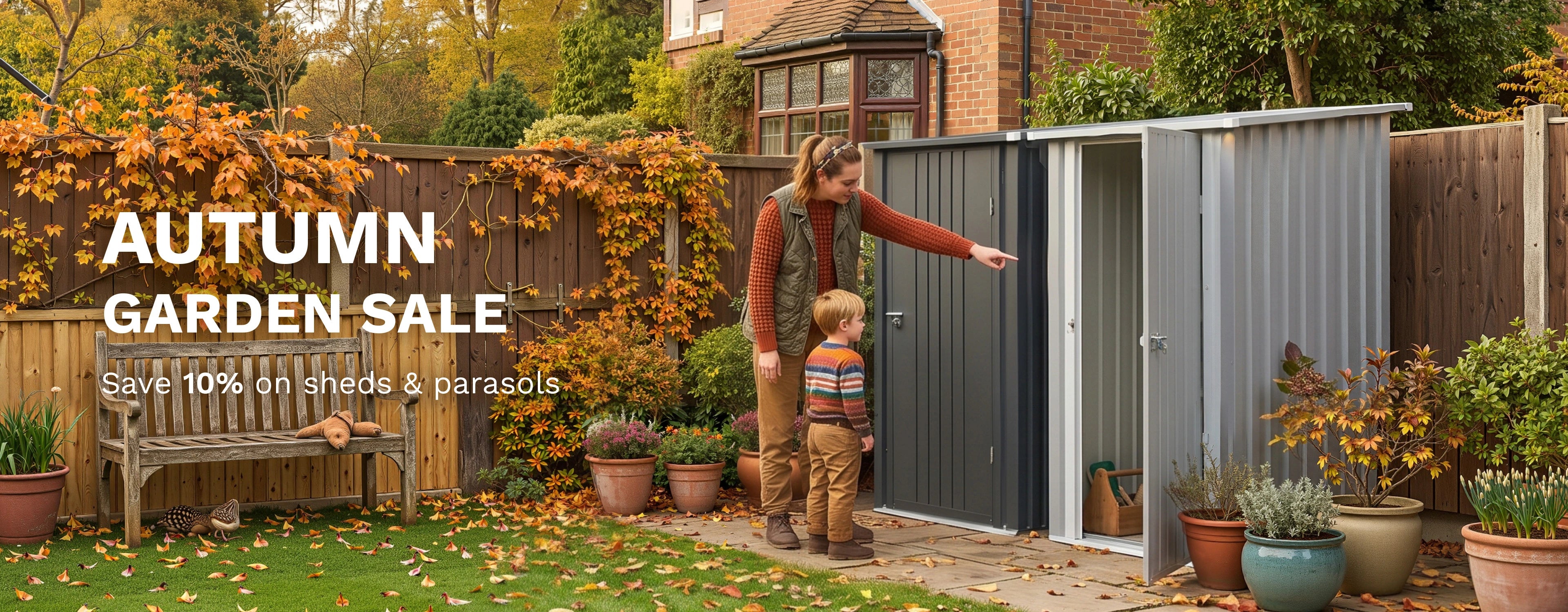 AUTUMN GARDEN SALE - Save 10% on sheds & parasols