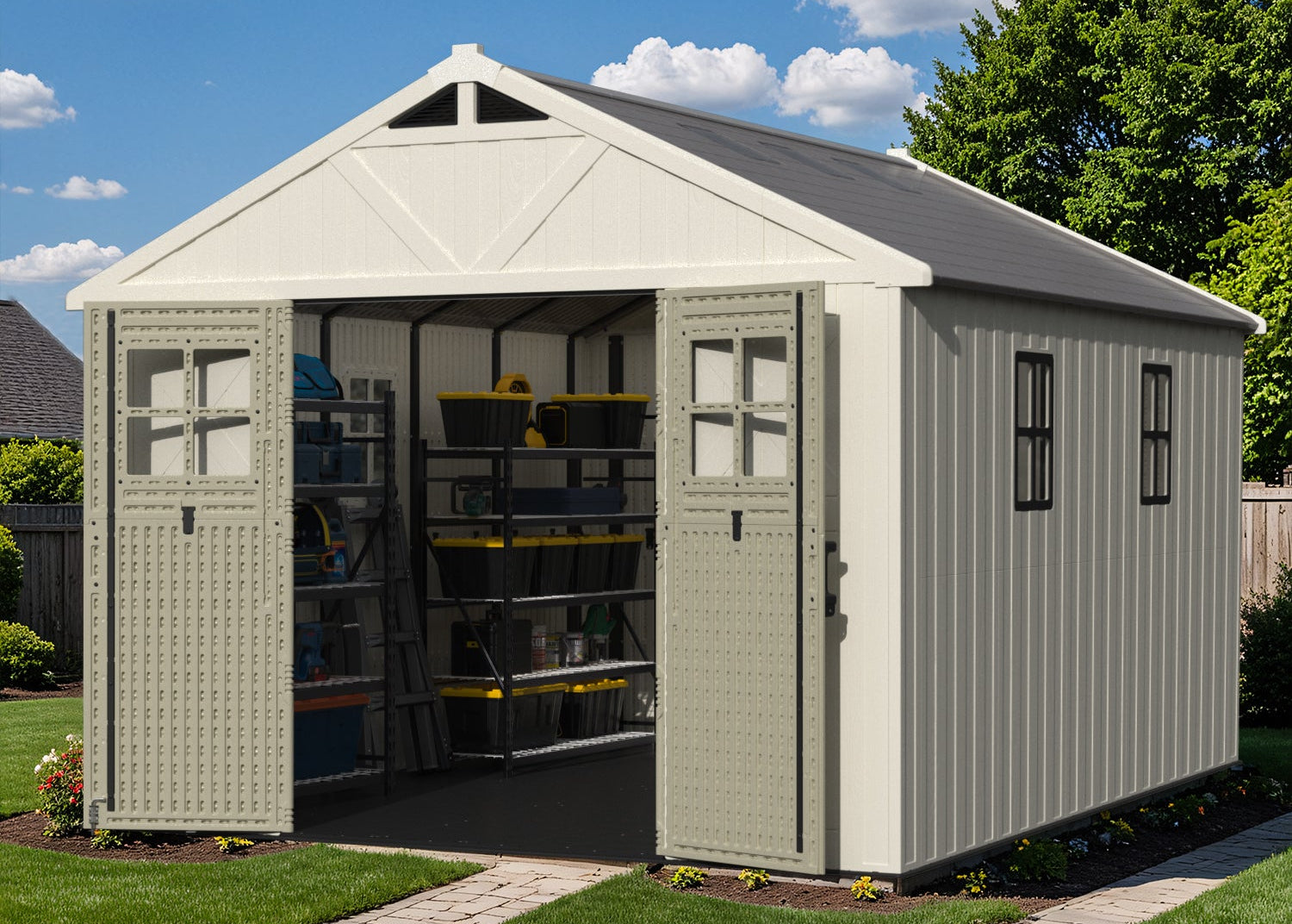 Kick-it plastic storage shed with open doors on a grassy area with a clear sky