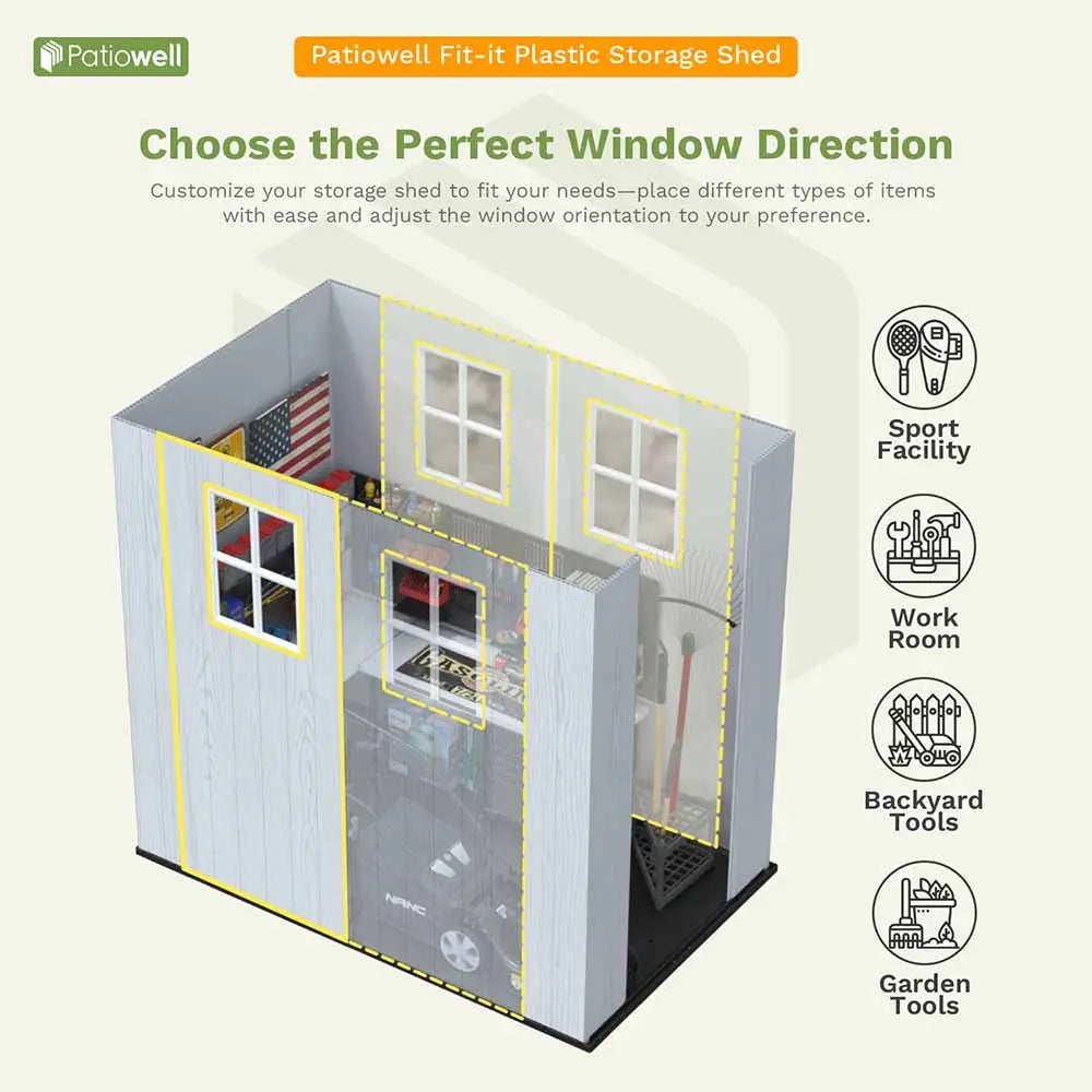patiowell-fit-it-4x4-plastic-storage-shed details
color:white, cool gray