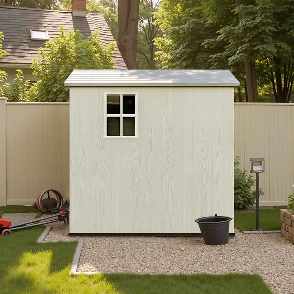 fit-it 4x6 plastic storage shed standing in backyard 
color:white