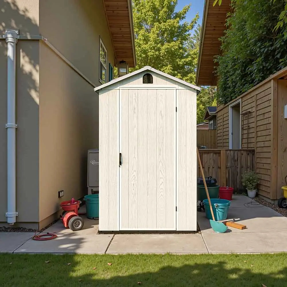 fit-it 4x6 plastic storage shed standing beside house 
color:white