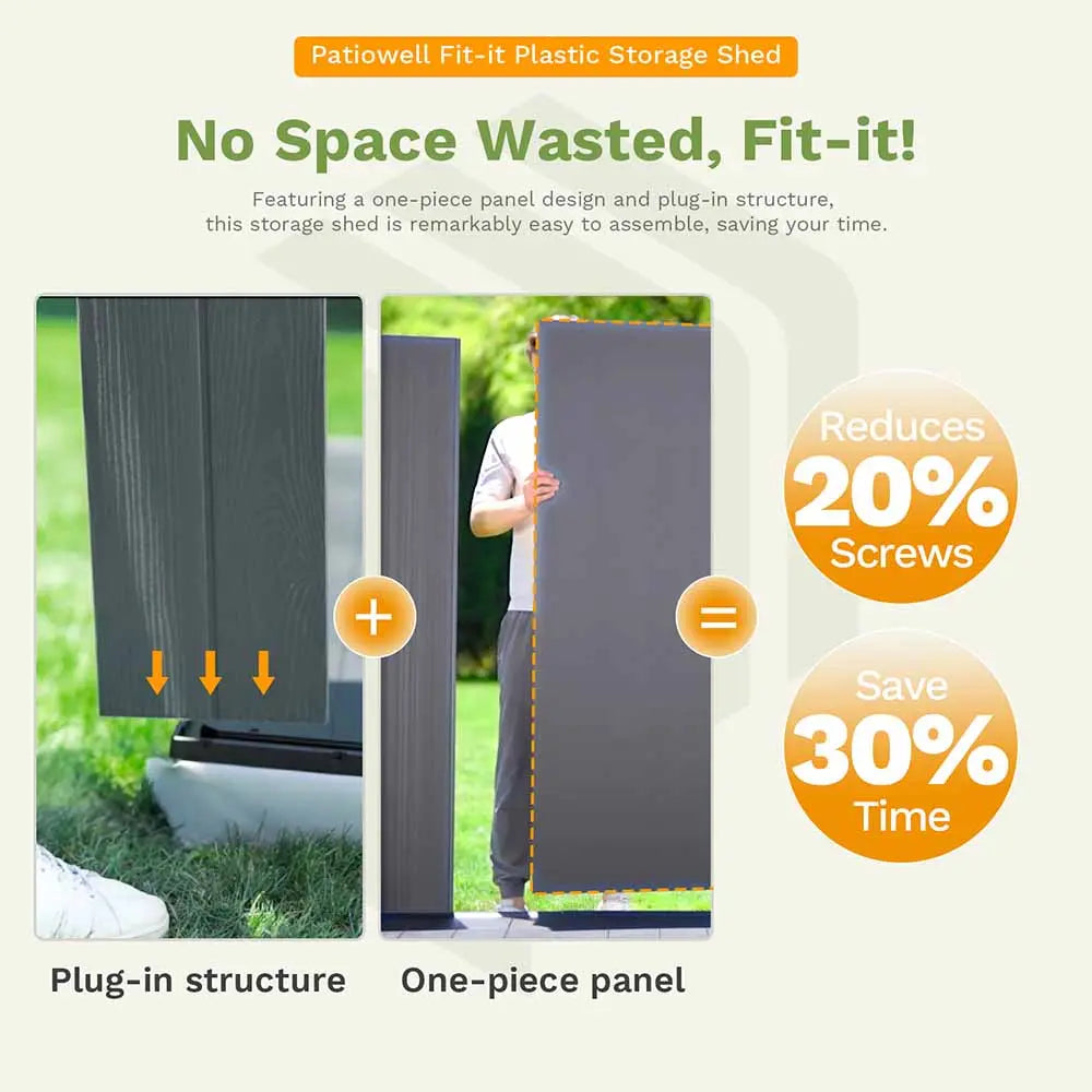 patiowell fit-it series plastic shed plug-in structure and one-piece panel color:cool gray,white