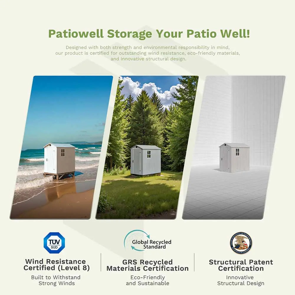 patiowell fit-it storage shed wind resistance and grs recycled and structural patent certification 
color:cool gray,white