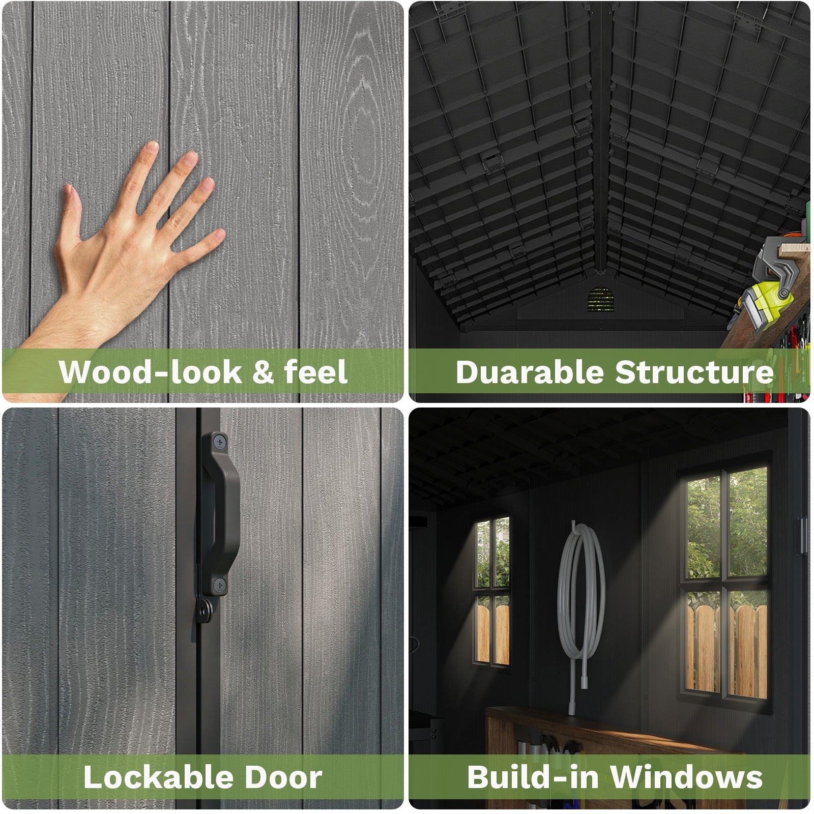 Patiowell 4x8 plastic shed dark gray features